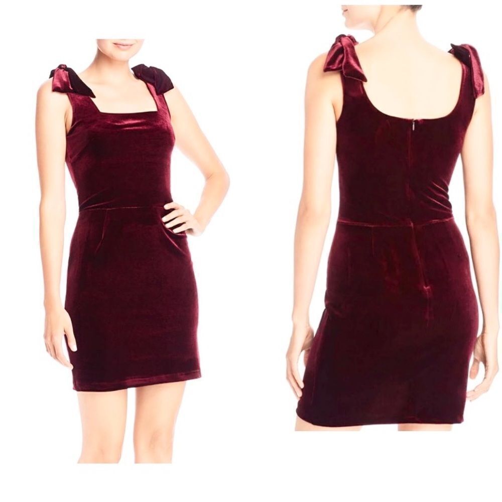 NEW AQUA Style# WO- 6966 burgundy velvet square neck bow strap mini dress L